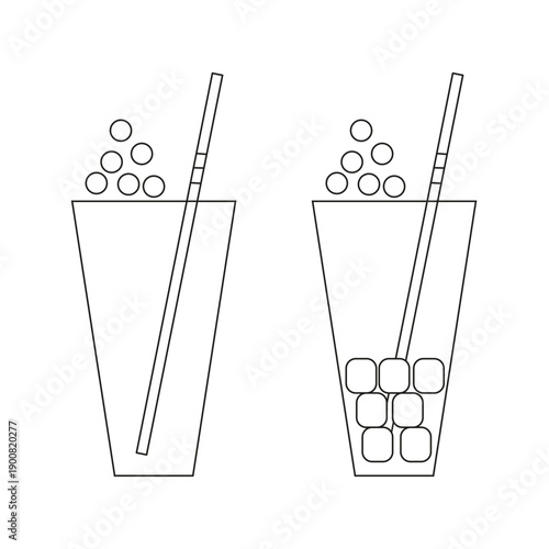 Cold beverage glasses. Bubble tea Vector icon set. Iced drink straw symbol. Outline cocktail illustration.