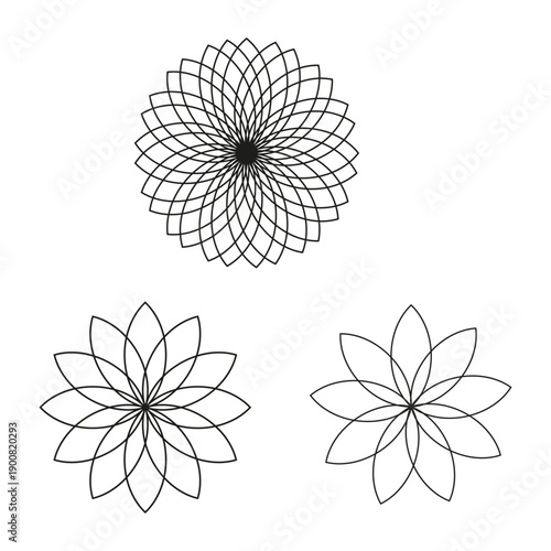 Geometric flower patterns. Circular line art shapes. Abstract round Vector design. Stylized lotus bloom set.