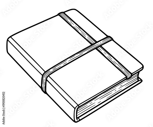 Clean black and white line art icon of a closed notebook or journal, held by an elastic band, symbolizing organized thoughts, personal reflections, and vital note-taking