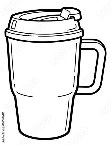 Simple line drawing of an insulated travel mug, featuring a secure, flip-top lid and an ergonomic handle, ideal for enjoying hot or cold beverages on daily commutes or during travel adventures