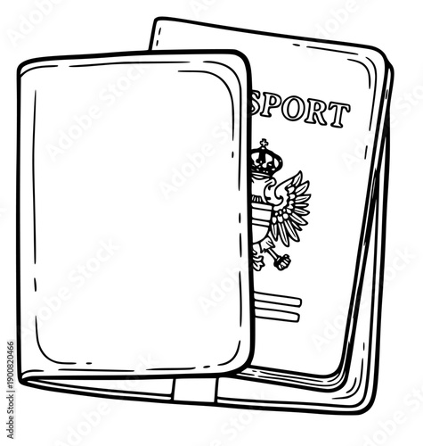 Hand-drawn sketch of an open passport with a blank cover, symbolizing travel and identification documents