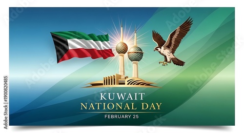 Celebrating kuwait national day with flags and an eagle in a vibrant background