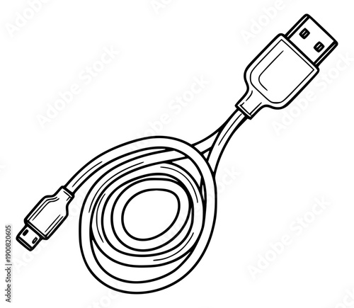 Illustration of a USB to Micro USB cable coiled, ideal for technology and electronic device connection themes