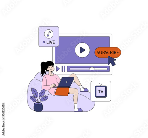 Woman Streaming TV and Laptop Browsing Vector Illustration