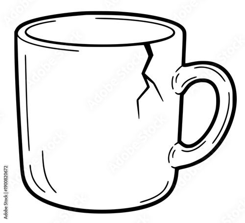 Simple black and white line art illustration of a cracked mug with a broken handle, symbolizing damage, imperfection, or the need for repair, suitable for icons or design elements indicating fragility