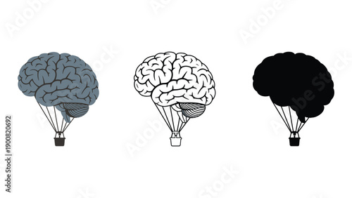 An illustration of three brain silhouettes in hot air balloons