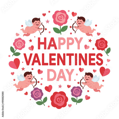 Valentine Doodle Illustrator. Sticker with word Happy Valentine. Cute Cartoon Flat style Valentine.