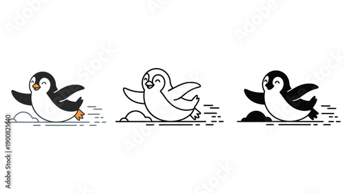 A cartoon penguin is shown in three different stages of movement on ice