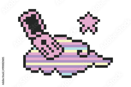 Pixel art retro phone in the sky with cloud and star, cute abstract retro icon in kawaii game style
