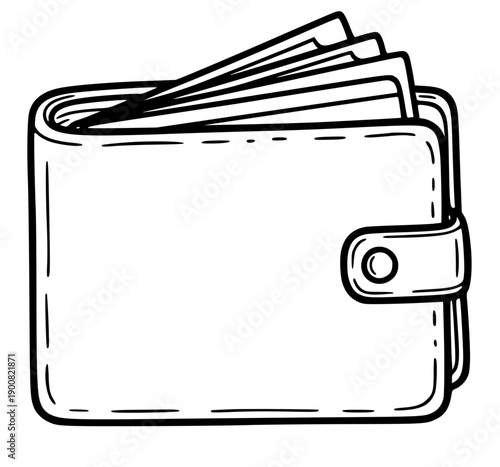 Clean line illustration of a bifold wallet, showing money and credit cards, symbolizing personal finance management, secure transactions, and practical budgeting for daily needs