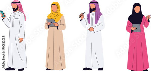 Diverse Arab Business People Character Set Wearing Traditional Thobe and Hijab Holding Tablets and Smartphones for Global Corporate Diversity, Middle Eastern Tech