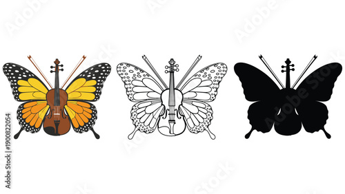 A colorful illustration of butterflies and violins in different styles