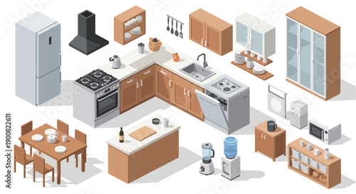 Isometric illustration of a modern kitchen with furniture and appliances. Clean shapes, soft shadows, pastel colors, minimalist style, white background