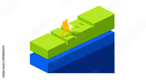 Isometric Path to Success: Person Climbing Geometric Steps Symbolizing Business Progress, Career Growth, Achievement, and Challenge Stages.