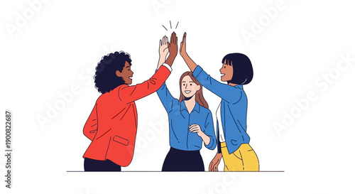 Diverse Women Business Team Celebrating Success with High Five. Vector Illustration of Corporate Teamwork, Partnership, Achievement, and Female Empowerment.