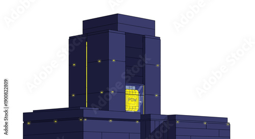 Abstract High-Rise Building with Glowing POW Core, Conceptual Illustration for Blockchain, Cryptocurrency, or Secure Finance Technology