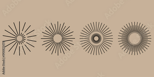 A series of four sunburst designs with varying line patterns on a beige background.