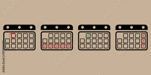A row of four calendar icons with highlighted dates on a beige background.