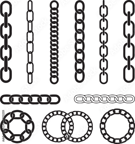 Cartoon metal different chain borders and frames. Isolated on white background. Vector icon set.