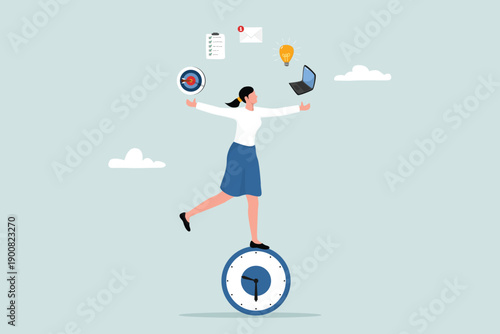 Multitasking or time management professional, productivity or entrepreneurship, productive businesswoman who balances time and manages multiple tasks.