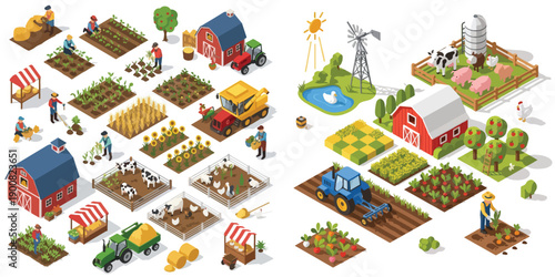 Isometric vector illustration of farming and agriculture activities with farmers, crops, fields, barns, animals, tractors, and farm equipment. Bright colors, clean shapes, soft shadows, flat isometric