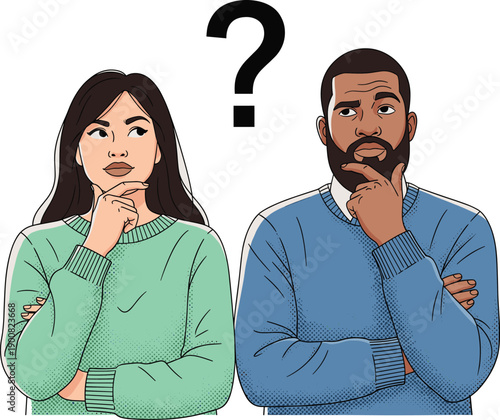 Diverse Man and Woman Thinking with Question Mark Icon for Decision Making, Problem Solving, FAQ Support, Uncertainty, and Creative Brainstorming Concept Vector