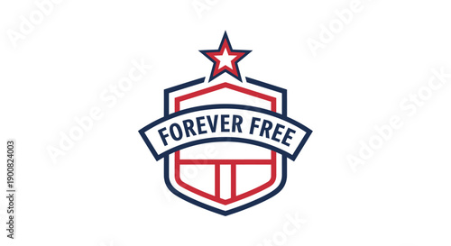 Dynamic patriotic emblem with star crest and bold slogan promoting freedom forever