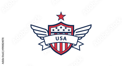 Patriotic USA emblem featuring shield, wings, stars and flag elements symbolizing national pride and unity with a bold design