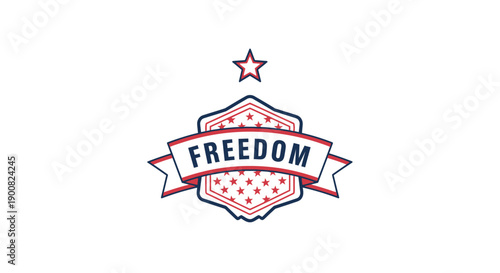 Patriotic emblem featuring the word freedom in bold lettering adorned with stars and stripes in red white and blue