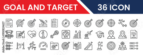 Collection of thirty six goal and target related icons