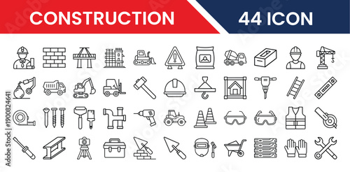 Construction icons collection featuring various tools machinery and materials