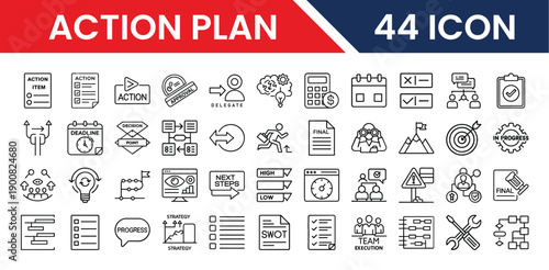 Collection of 44 icons representing action plan steps and project management elements