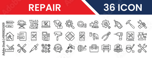 Outline Repair Icon Set 36 in Line Art Style for Technical Support, Tools, Fixing, Service, and Digital Interface Design