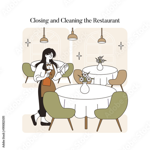 Restaurant Staff Cleaning Tables Vector Illustration