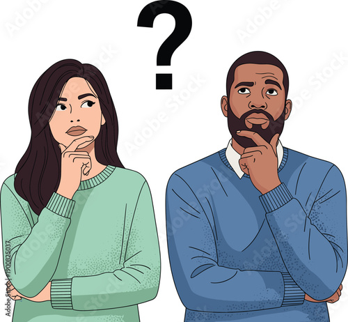 Man and Woman Thinking with Question Mark Symbol for Frequently Asked Questions, Decision Making, Problem Solving, Customer Support, and Doubt Concept Designs