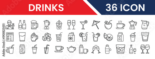 A collection of 36 different drink icons in a simple line style