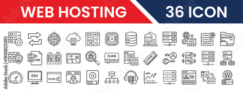 Outline Web Hosting Icon Set 36 in Line Art Style for Cloud Services, Domain Management, Server Administration, and Digital Interface Design