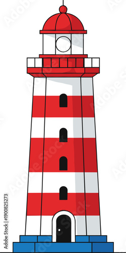 Red and White Striped Lighthouse Vector Illustration for Maritime Safety, Coastal Navigation, Nautical Travel Branding, Marine Landmark Symbols, and Ocean Guard Security Designs