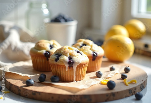 A hand places a tray of vegan blueberry muffins on a wooden board, surrounded by lemons and a bowl of blueberries.