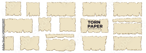 Torn parchment set. Old beige sheets with ragged edges. Vintage textured fragments for scrapbook, frame, letter, card, album, craft. Vector antique elements collection.