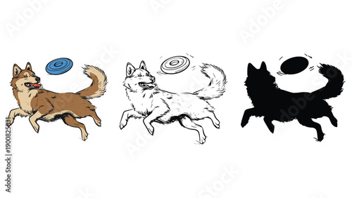 Three dogs running and catching frisbees in different colors and styles