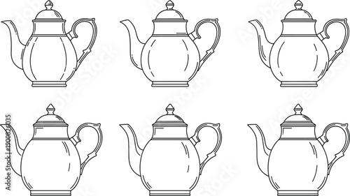 Set of Six Vintage Style Teapot Line Art Illustrations for Tea House Menus, Kitchen Decor, Coloring Pages, and Traditional Afternoon Tea Party Graphic Designs