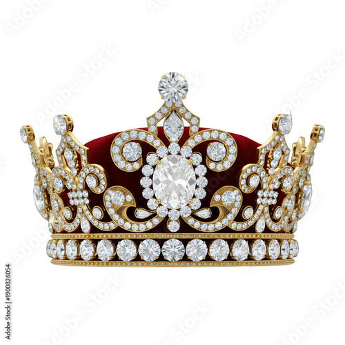 Royal gold crown with red velvet and gemstones isolated on transparent background.