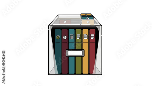 Accounting and Financial Records Management Illustration: File Box with Binders, Documents, Calculator, and Money Icons on White Background.