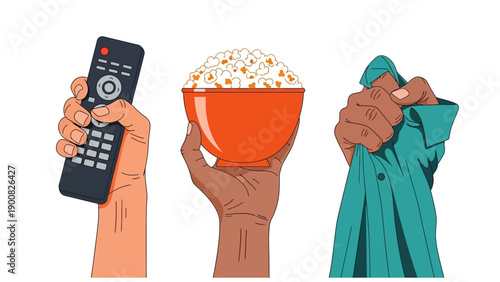 Home Relaxation Essentials: Illustration of Diverse Hands Holding TV Remote, Popcorn, and Crumbled Shirt.