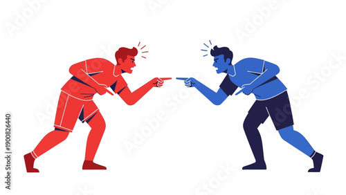 Aggressive Confrontation: Red and Blue figures yelling and pointing fingers at each other, symbolizing blame, conflict, dispute, and opposing rivalry.
