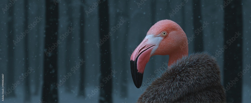 Obraz premium Surreal art featuring a flamboyant flamingo in a luxurious fur coat amidst a snowy forest