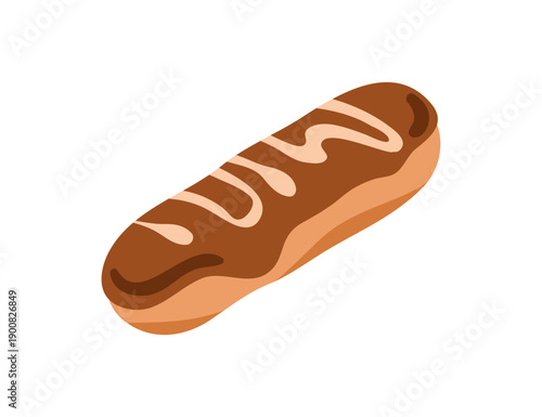 Eclair pastry. French dessert, long patisserie with custard cream filling, coated in chocolate glaze, dripping icing. Sweet sugar food. Flat vector illustration isolated on white background