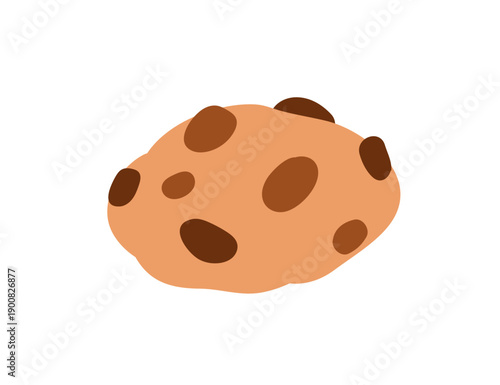 Chocolate chip cookie. American biscuit with crumbly dough and sweet choco drops. Tasty homemade dessert, bakery food, delicious snack. Flat vector illustration isolated on white background