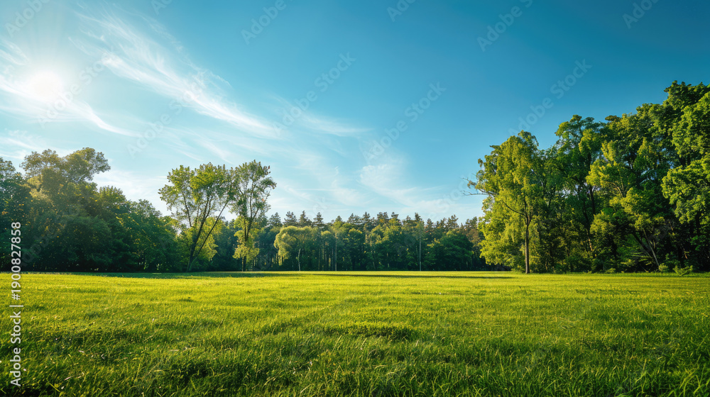 Obraz premium green manicured lawn, green grass field of golf course landscape in the morning sunrise.
